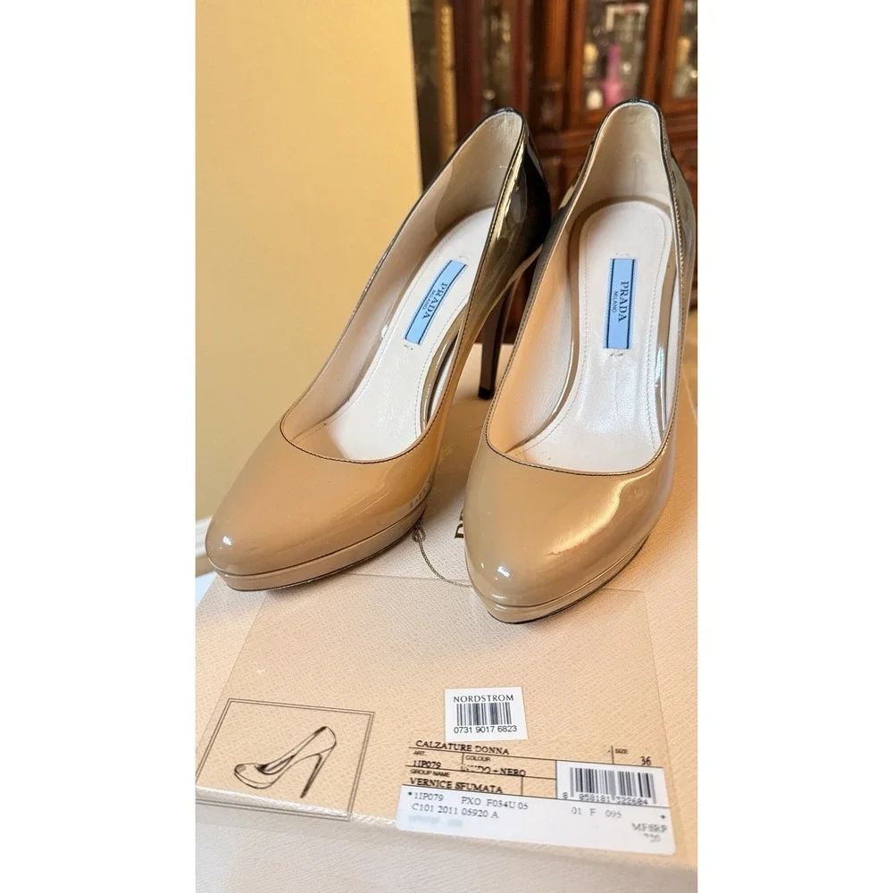 Prada Vernice Sfumata Ombre Patent Leather Pumps Heels Nude Black EU 36 Box